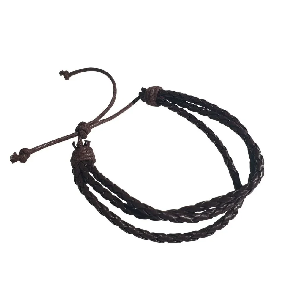 Braided Leather Adjustable Bracelet Dark Brown Unisex Cord Stylish Handmade Gift